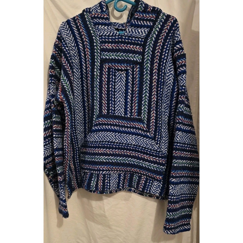 Authentic Mexican Baja Hoodie Drug Rug Pullover Sweatshirt Surfer Poncho Green L